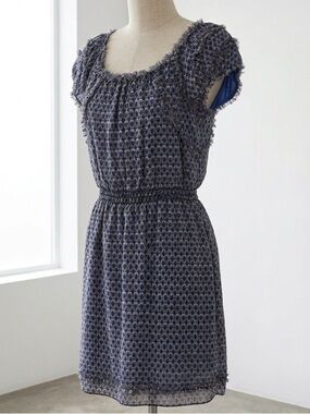 Max Studio| Blue & White Geometric Print Smocked Waist Flowy Mini Dress Sz M